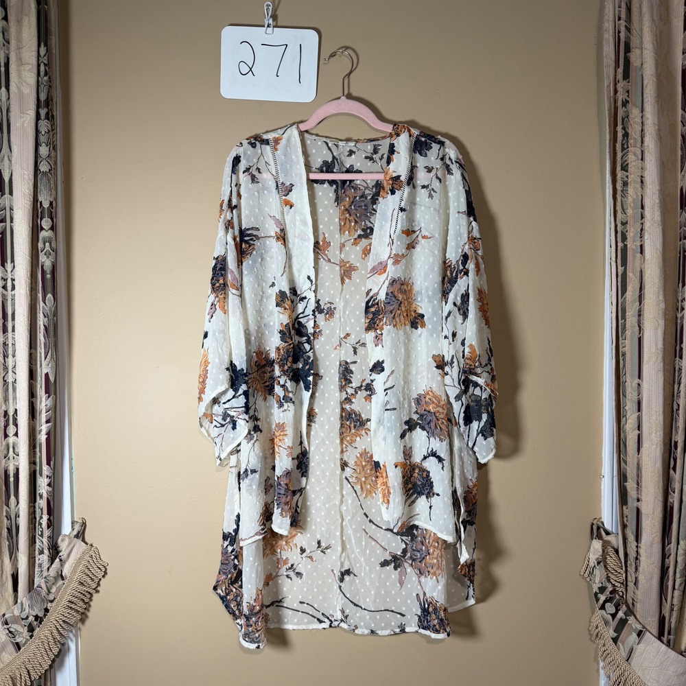 Maurices Floral Swiss Dot Kimono Cardigan Cream Rust L/XL